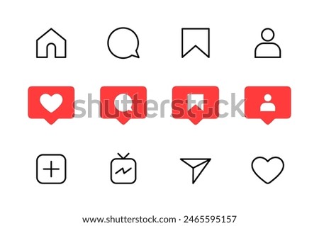 social media flat icons set notification speech bubble for like share save comment buttons Camera Search Heart Home web symbols and icons vector.