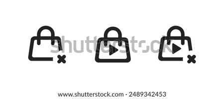bag with play button icon, round, cross, plus, minus vector.