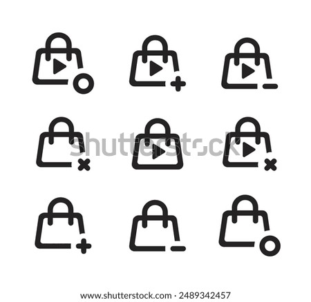 bag with play button icon, round, cross, plus, minus vector.
