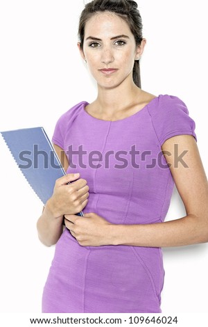 Professional business woman holding blue folders in a purple smart dress