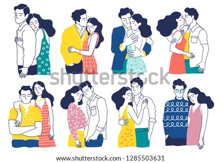 Collection of romantic couples isolated on white background. Set of portraits of men and women in love.  Hand drawn vector illustration 