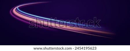 The speed line is blue and red in color. Luminous stripes on a transparent background. Shiny wavy path. Glowing swirl bokeh effect. Magic of moving fast lines. Vector.	
