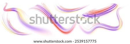 Wavy transparent curved lines in the form of the movement of sound waves in a set of different shapes of whirlpool. Vector pgn glitter light fire flare trace.	
