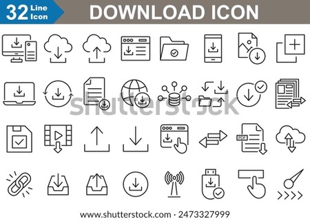 Download icons set vector illustrator. Upload, Document, Link, Download File, Folder, Data, and PDF Icons. 