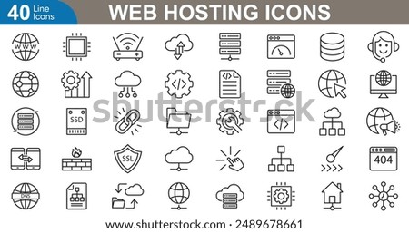 Web hosting icons set. Server, cloud hosting, domain, bandwidth, data, center, backup, control Panel, uptime, website and support. vector illustration