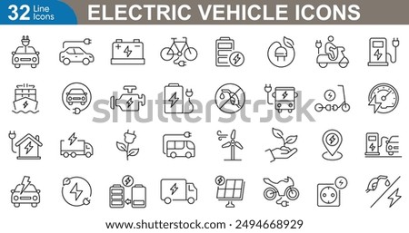 Electric vehicle icons set vector illustration. Electric car, battery, eco-friendly, range, plug, speed, hybrid, infrastructure and more.