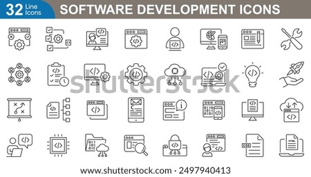 Software development icons set. Code, languages, database, version, bugs, cloud, API, security, devops and more. vector illustration