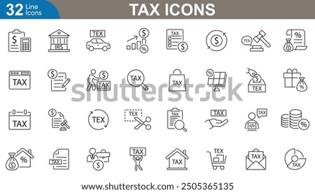 Tax icons set. Payment, tax form, calculator, receipt, money bag, refund, audit, calendar, percentage and more. vector illustration.