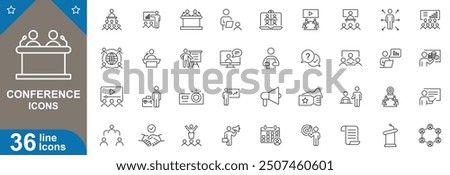 Conference icons set vector illustration. Networking, speaker, presentation, attendee, schedule, workshop, venue, registration, exhibition and more. vector illustration.