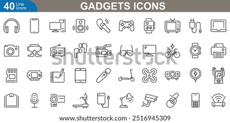 Gadgets icons set. Smartphone, tablet, laptop, watch, earbuds, gaming, drone, camera, speaker, USB, power bank and more. vector illustrator.