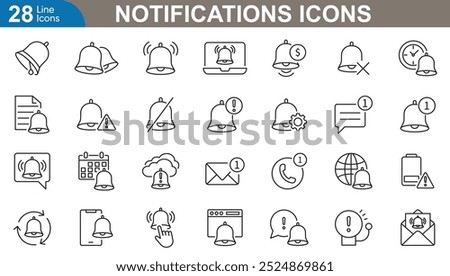 Notifications outline icons set. Message, bell, email, missed call, alert, update, low battery, calendar event, request and more. vector illustrator.