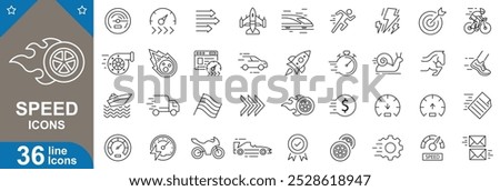 Speed outline icons set. Slow, normal, fast, turbo, loading, boost, speedometer, high velocity and more. vector illustrator.