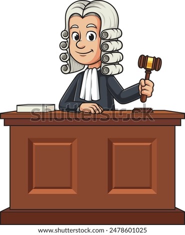 Male judge behind courtroom desk vector illustration