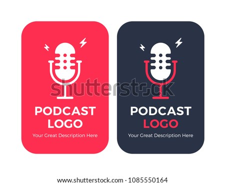 Podcast radio icon illustration set. Studio table microphone with broadcast text on air. Webcast audio record concept logo.