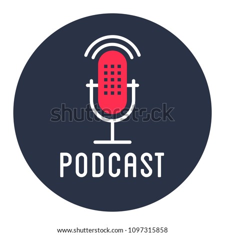 Podcast radio icon illustration set. Studio table microphone with broadcast text on air. Webcast audio record concept logo.