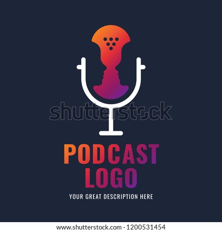 Podcast radio icon illustration. Studio table microphone with broadcast text on air. Webcast audio record concept logo. Podcast logotype. 