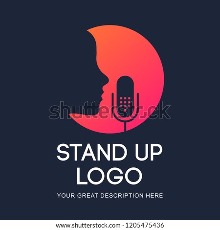 Podcast radio icon illustration. Studio table microphone with broadcast text on air. Webcast audio record concept logo. Stand Up Logo. 