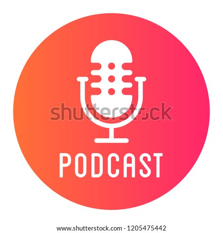 Podcast radio icon illustration. Studio table microphone with broadcast text on air. Webcast audio record concept logo.