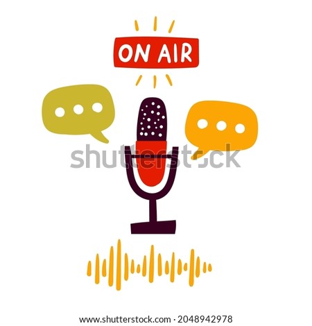 Podcast radio icon illustration set. Studio table microphone with broadcast text on air and different podcast web elements
