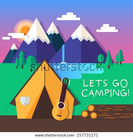 Tent in the tourist camp, mountains, waterfalls and the setting sun. Beautiful landscape with sunset. Multicolored fully editable vector illustration of a flat style.
