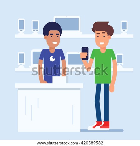 The mobile phone store with customer and sales manager discussing the latest phone model. Both standing near the modern cash desk. Vector flat illustration, perfect for gadget store retail concept.