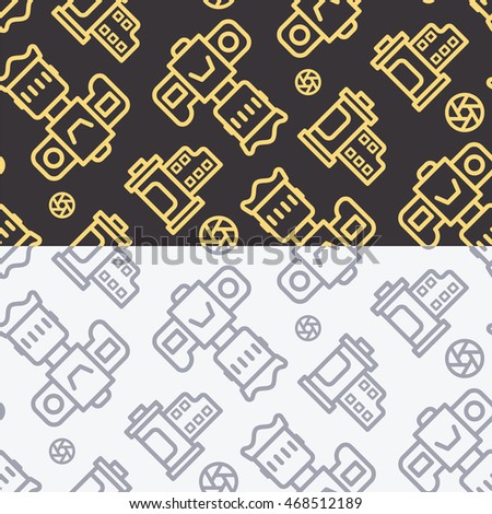 Professional dslr photo camera front view vector seamless pattern in linear style 