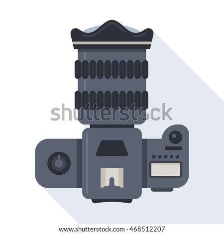 Professional dslr photo camera top view vector illustration in flat style with long shadow on blue background