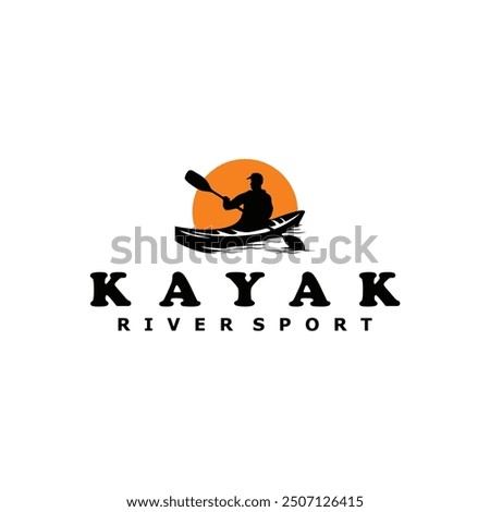 Kayak boat paddle pedal, silhouette of river stream kayaker logo design