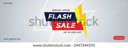 Flash Sale Shopping Poster. Vibrant banner with Flash icon and 3D text against grey background. Template of Special Offer Flash Sale campaign or promotion for social media and website.