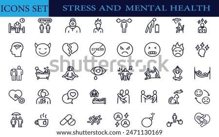 Stress and Mental Health Line Icon Set. Anxiety, Overworked, Depression, Psychology. Mindfulness icons set outline vector. Mind stress. Relax peace