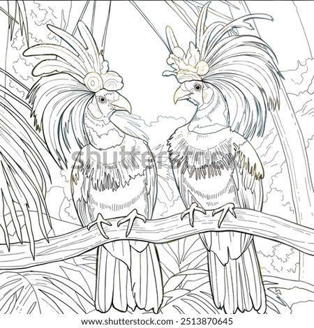 Beautiful looking two parrot bird sitting in tree brunch, colouring page