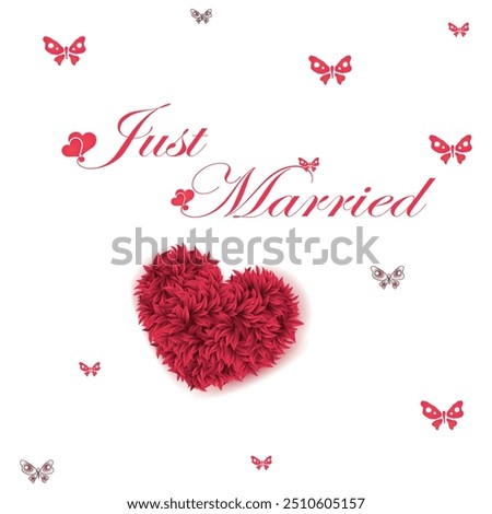 Just married hand lettering with hearts background for wedding cards and invitation. Vector illustration design eps 10