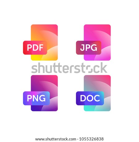 Illustration for expanding formats. File Icons. Vector flat icons with gradient, isolated on white background. Fashionable style. Icons for website and print. Icons of files png, jpg, doc, pdf.