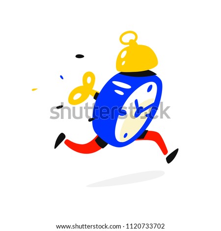 Cartoon character running alarm clock. Vector illustration. Time is up. The clock is running. Image is isolated on white background. Flat illustration for banner, print and website. Mascot company.