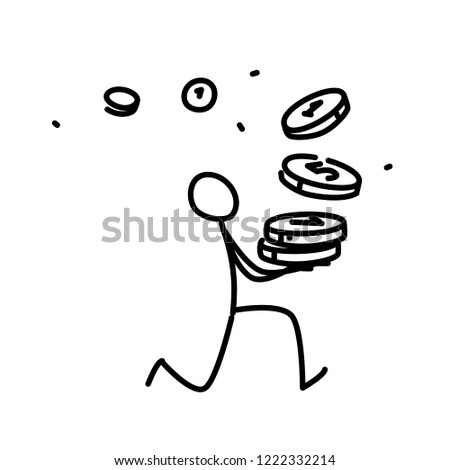 Illustration of a little man running with coins. Vector. Illustration for animation, re-presentation or website. Simple contour man. Businessman runs to the bank. Unexpected arrived.