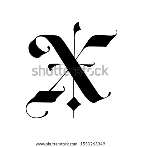 Letter X, in the Gothic style. Vector. Alphabet. The symbol is isolated on a white background. Calligraphy and lettering. Medieval Latin letter. Logo for the company. Monogram. Elegant font for tattoo