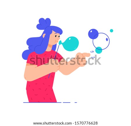 Illustration of a girl with soap bubbles. Vector. A woman in a pink dress makes dreams come true. Chatting, metaphor. Soap bubbles as a symbol of SMS messages and chatting. Cute girlish look.