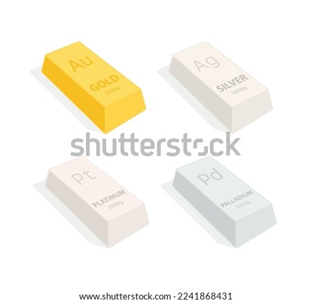 Ingot of gold, silver, platinum and palladium. Vector. Illustration of a metal ingot 1 kilogram. The purity of ingots is 99 percent. Icons for banking website or investment app.