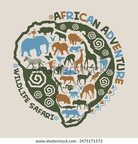 safari logo with wild animal silhouette and africa map