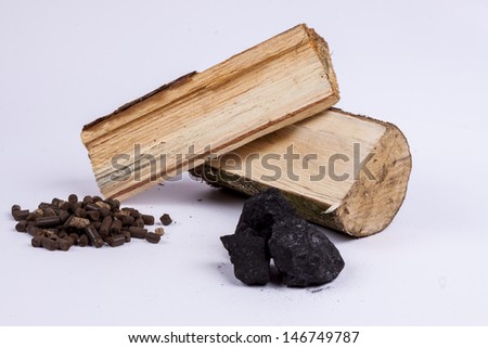 different types of plant-derived fuel: coal, wood, pellets from ligno cellulose