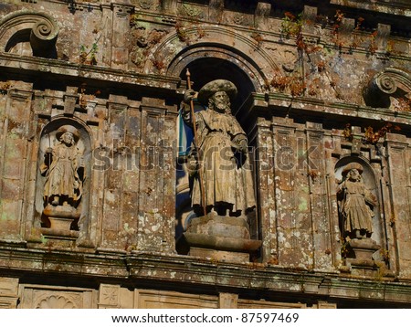 decorative piece of wall above the entrance to the Cathedral of St. James in Santiago de Compostela in Spain