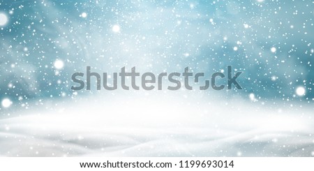 Natural Winter Christmas background with sky, heavy snowfall, snowflakes in different shapes and forms, snowdrifts. Winter landscape with falling christmas shining beautiful snow. vector.