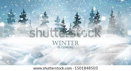 Winter is coming. Christmas, Snowy Woodland landscape. Holiday winter landscape for Merry Christmas with firs, coniferous forest, falling snow, snowflakes. Christmas scene. Happy new year. vector.