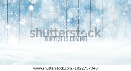 Winter is coming. Natural Winter Christmas wooden background with heavy snowfall, snowflakes snowdrifts. Winter landscape with falling christmas shining beautiful snow. vector