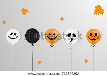 Happy Halloween. Holiday concept with holiday colorful  balloons, falling orange leaves  for banner, poster, greeting card, party invitation. vector cartoon  illustration.