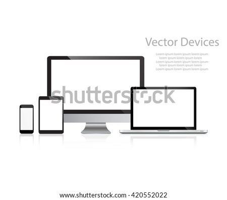 Set of realistic computer monitors, laptops, tablets and mobile phones. Electronic gadgets, isolated, on white  background