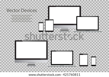 Set of realistic computer monitors, laptops, tablets and mobile phones. Electronic gadgets, isolated, on isolated background