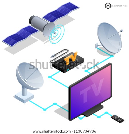 Vector tv antenna, realistic satellite antenna TV router, tv isometric icons.