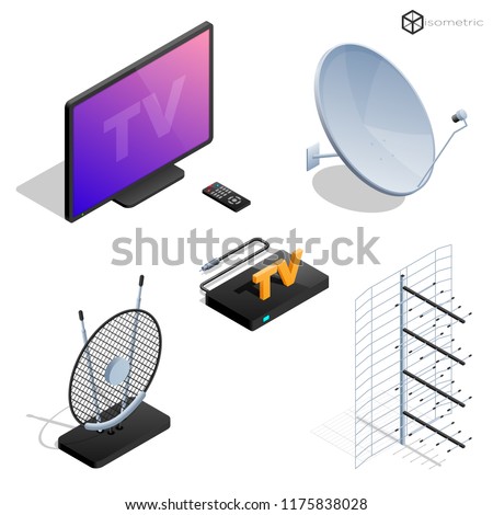 Vector tv antenna, realistic satellite antenna TV router, tv isometric icons.