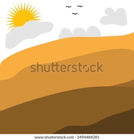 The landscape is filled with color. Sky as the sun sets. Mountain silhouettes in yellow. Sandy desert dunes. Nature and Ecology. Vertical orientation. For social media, postcards, and poster